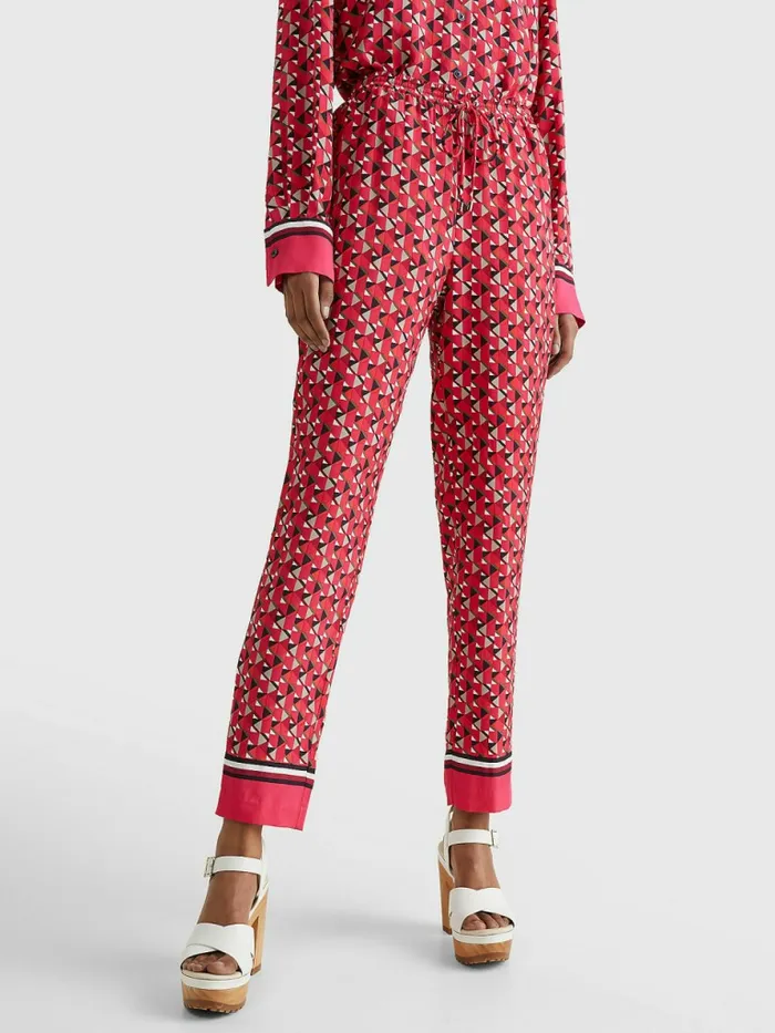 Tommy Hilfiger Geometric Print Relaxed Fit Trousers Island GeoLarge Pink Womens Trousers Tommy Hilfiger Geometric Print Relaxed Fit Trousers Island GeoLarge Pink Womens Trousers