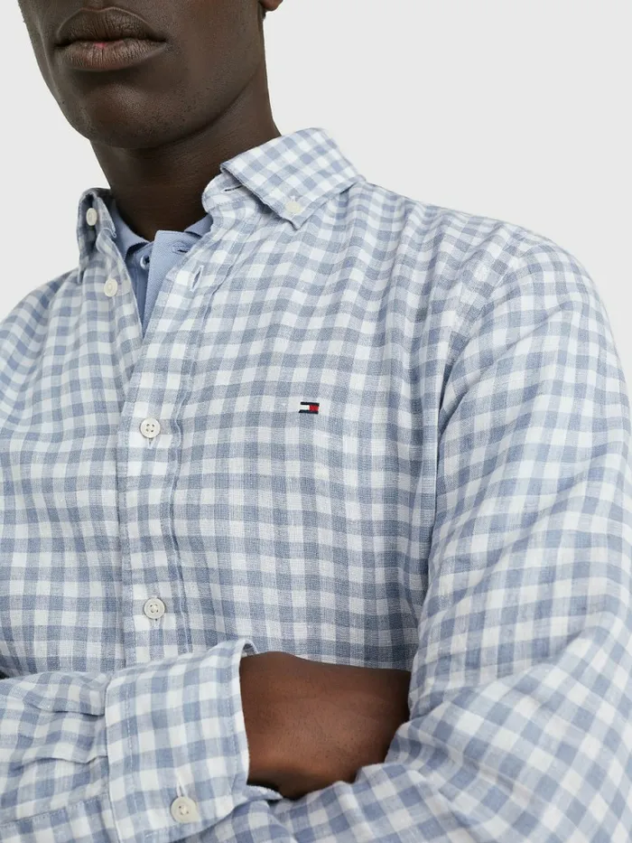 Tommy Hilfiger Gingham Regular Fit Linen Shirt Daybreak BlueOptic White Mens Shirts Popular