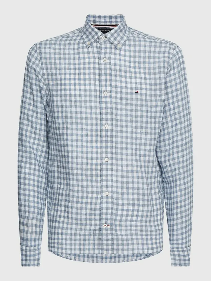Tommy Hilfiger Gingham Regular Fit Linen Shirt Daybreak BlueOptic White Mens Shirts Popular