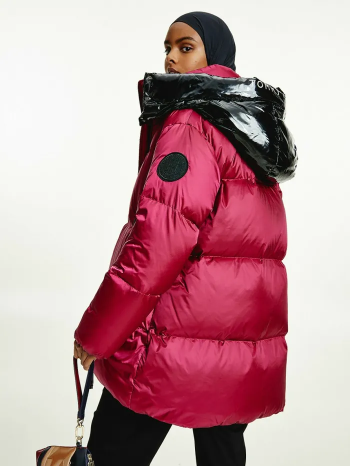 Tommy Hilfiger Gloss Matte Down Puffer Jacket Crimson RubyBlack Womens Coats and Jackets Sale