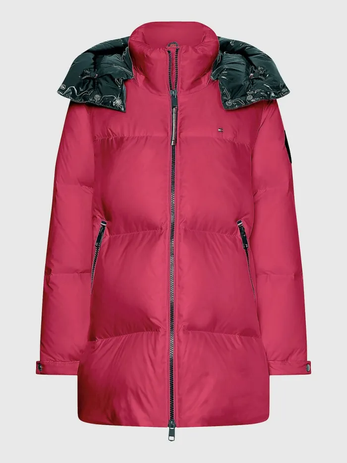 Tommy Hilfiger Gloss Matte Down Puffer Jacket Crimson RubyBlack Womens Coats and Jackets Sale