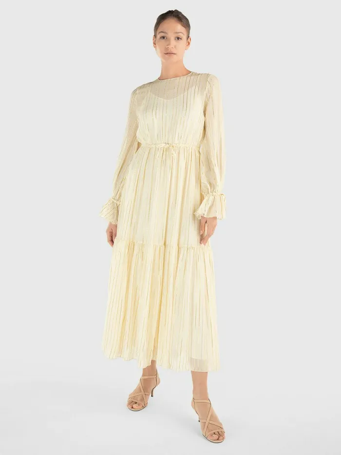 Tommy Hilfiger Gold Stripe Silk Blend Maxi Dress Ivory Womens Dresses and Jumpsuits On Sale Tommy Hilfiger Gold Stripe Silk Blend Maxi Dress Ivory Womens Dresses and Jumpsuits On Sale