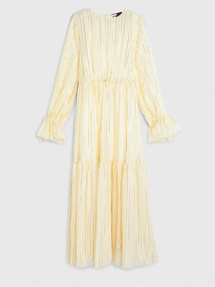 Tommy Hilfiger Gold Stripe Silk Blend Maxi Dress Ivory Womens Dresses and Jumpsuits On Sale