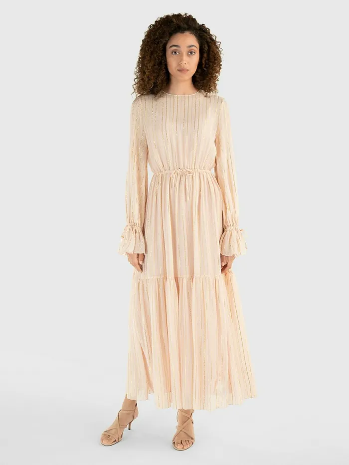 Tommy Hilfiger Gold Stripe Silk Blend Maxi Dress Whimsy Pink Womens Dresses and Jumpsuits For Sale Tommy Hilfiger Gold Stripe Silk Blend Maxi Dress Whimsy Pink Womens Dresses and Jumpsuits For Sale