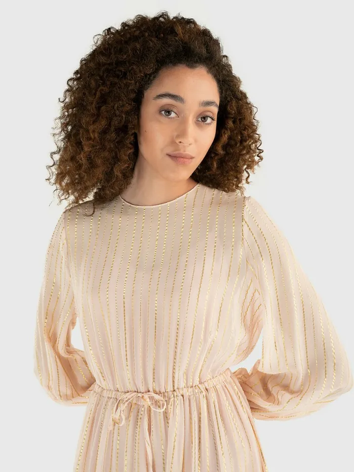 Tommy Hilfiger Gold Stripe Silk Blend Maxi Dress Whimsy Pink Womens Dresses and Jumpsuits For Sale