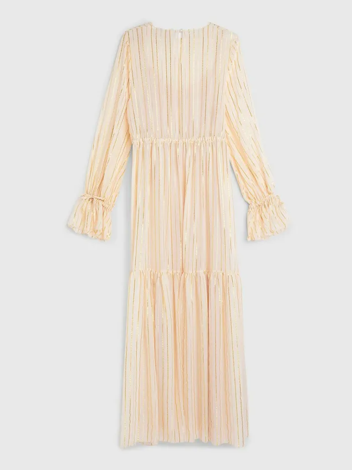 Tommy Hilfiger Gold Stripe Silk Blend Maxi Dress Whimsy Pink Womens Dresses and Jumpsuits For Sale