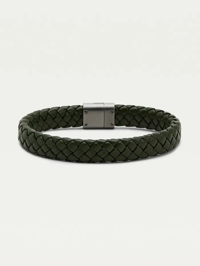 Tommy Hilfiger Green Round Braided Leather Bracelet Green Leather Mens Jewellery and Cufflinks