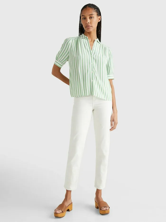 Tommy Hilfiger HalfSleeve Relaxed Fit Stripe Viscose Blouse Banker StpBotanical Green Womens Shirts and Blouses Popular