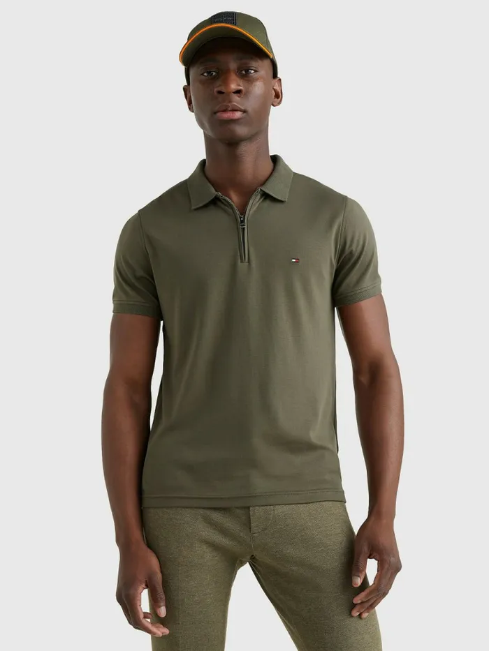 Tommy Hilfiger HalfZip Interlock Slim Fit Polo Army Green Mens Polo Shirts Online Tommy Hilfiger HalfZip Interlock Slim Fit Polo Army Green Mens Polo Shirts Online