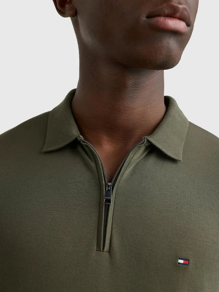 Tommy Hilfiger HalfZip Interlock Slim Fit Polo Army Green Mens Polo Shirts Online