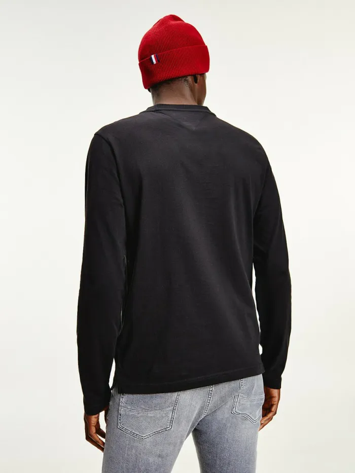 Tommy Hilfiger Henley Long Sleeve Organic Cotton TShirt Black Mens TShirts Sale