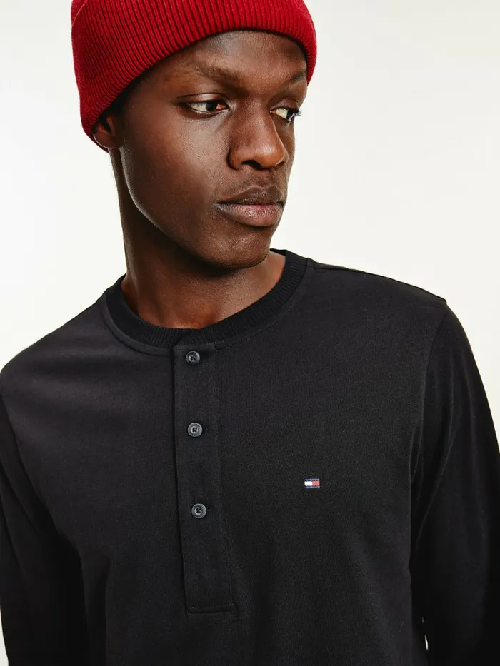 Tommy Hilfiger Henley Long Sleeve Organic Cotton TShirt Black Mens TShirts Sale
