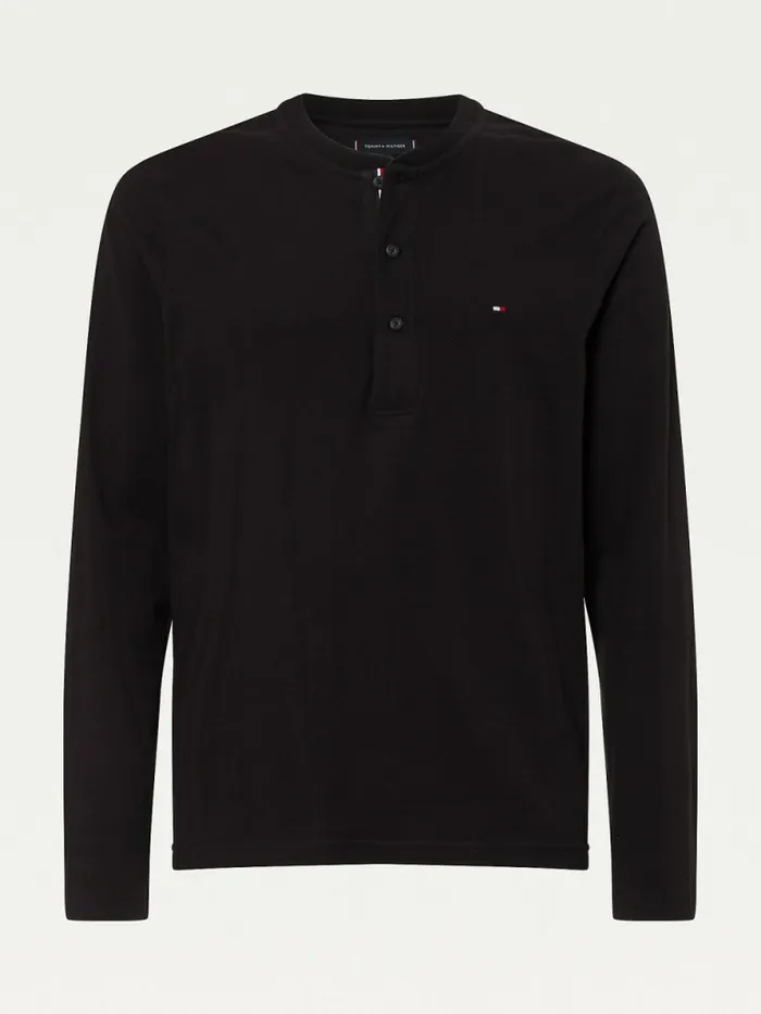 Tommy Hilfiger Henley Long Sleeve Organic Cotton TShirt Black Mens TShirts Sale
