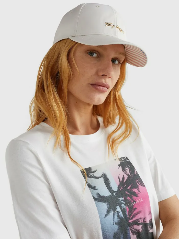 Tommy Hilfiger Iconic Metal Logo Cap Feather White Womens Hats and Scarves Fashion