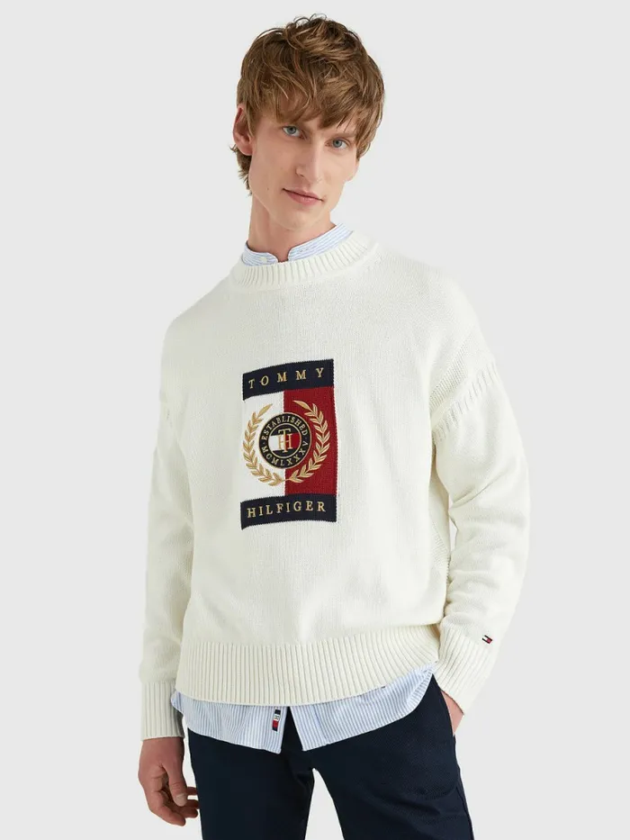 Tommy Hilfiger Icons Intarsia Graphic Jumper Ivory Mens Knitwear Popular