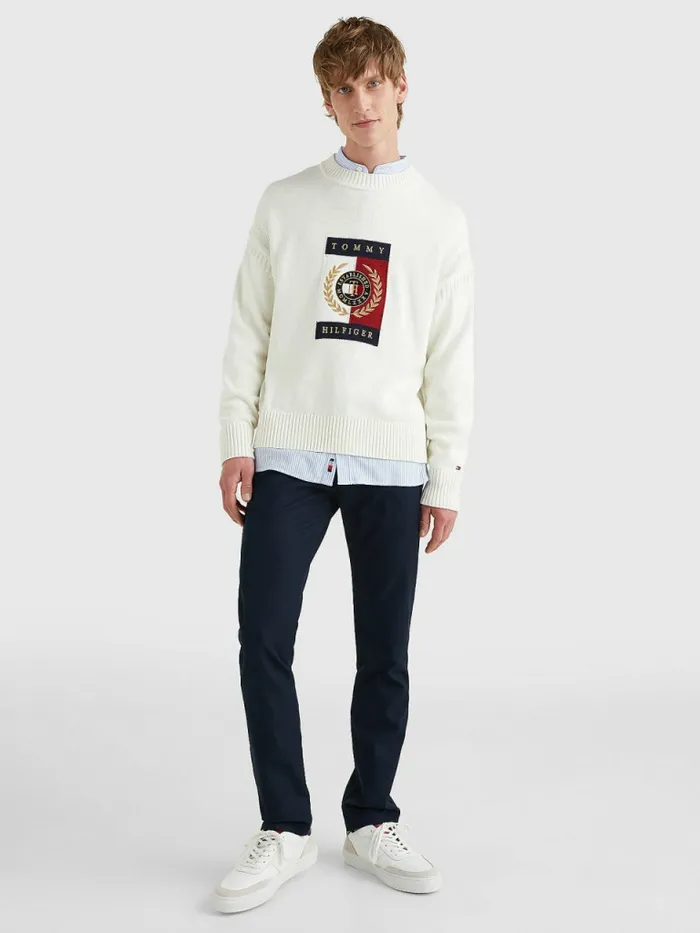 Tommy Hilfiger Icons Intarsia Graphic Jumper Ivory Mens Knitwear Popular