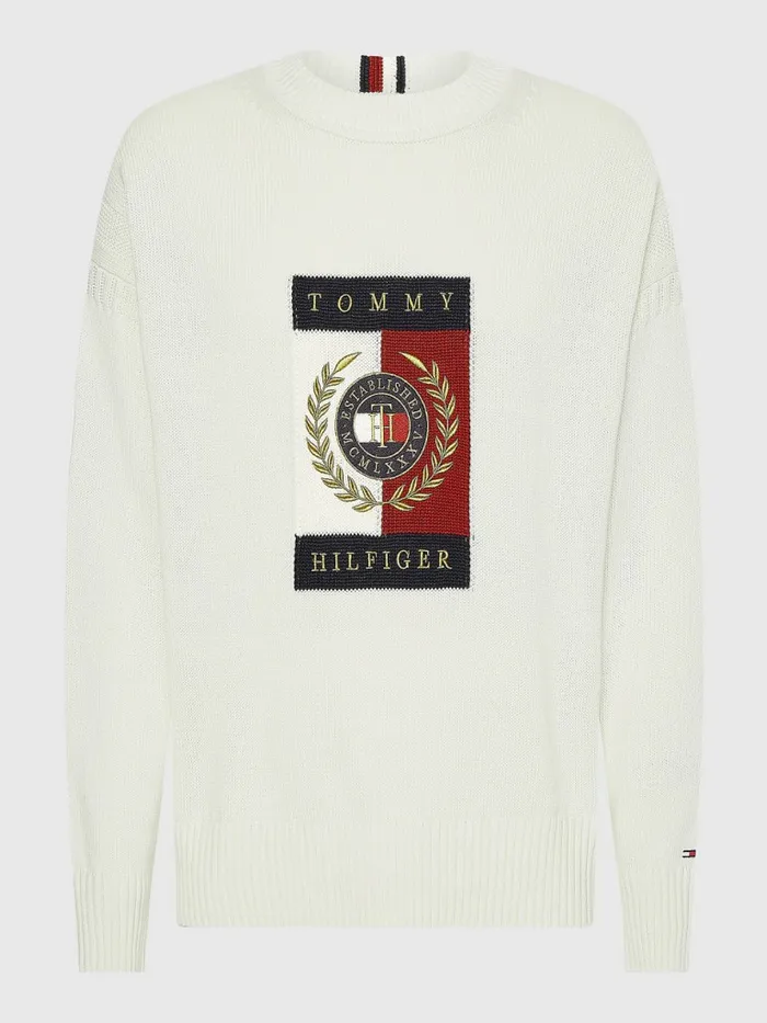 Tommy Hilfiger Icons Intarsia Graphic Jumper Ivory Mens Knitwear Popular