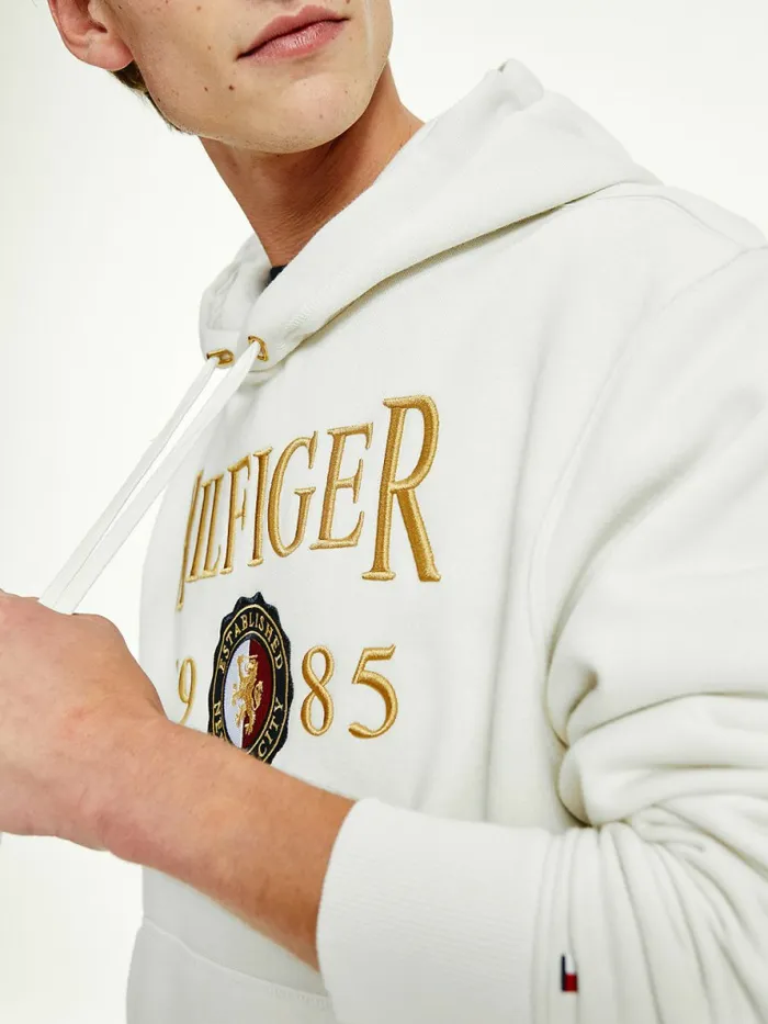 Tommy Hilfiger Icons Logo Embroidery Relaxed Fit Hoody Ivory Mens Sweatshirts and Hoodies Online