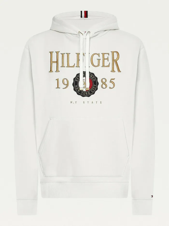Tommy Hilfiger Icons Logo Embroidery Relaxed Fit Hoody Ivory Mens Sweatshirts and Hoodies Online