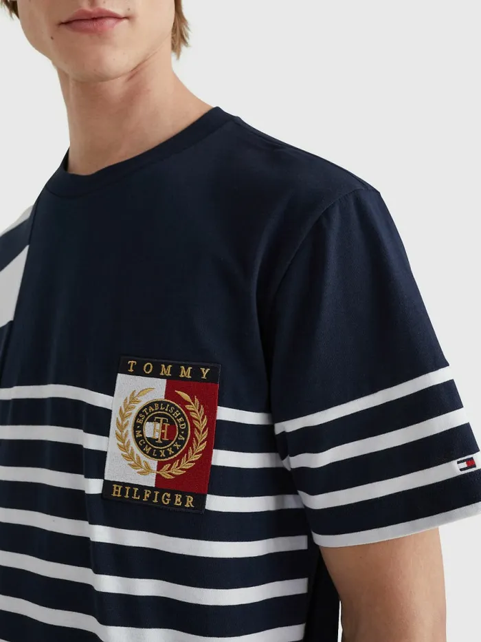 Tommy Hilfiger Icons Mixed Stripe TShirt Desert SkyWhite Mens TShirts Gift Ideas