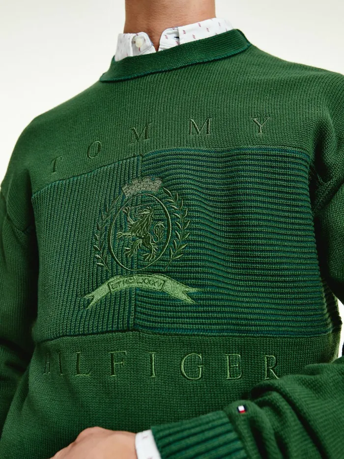 Tommy Hilfiger Icons Oversized Crest Flag Jumper National Forest Mens Knitwear Gift 4 You