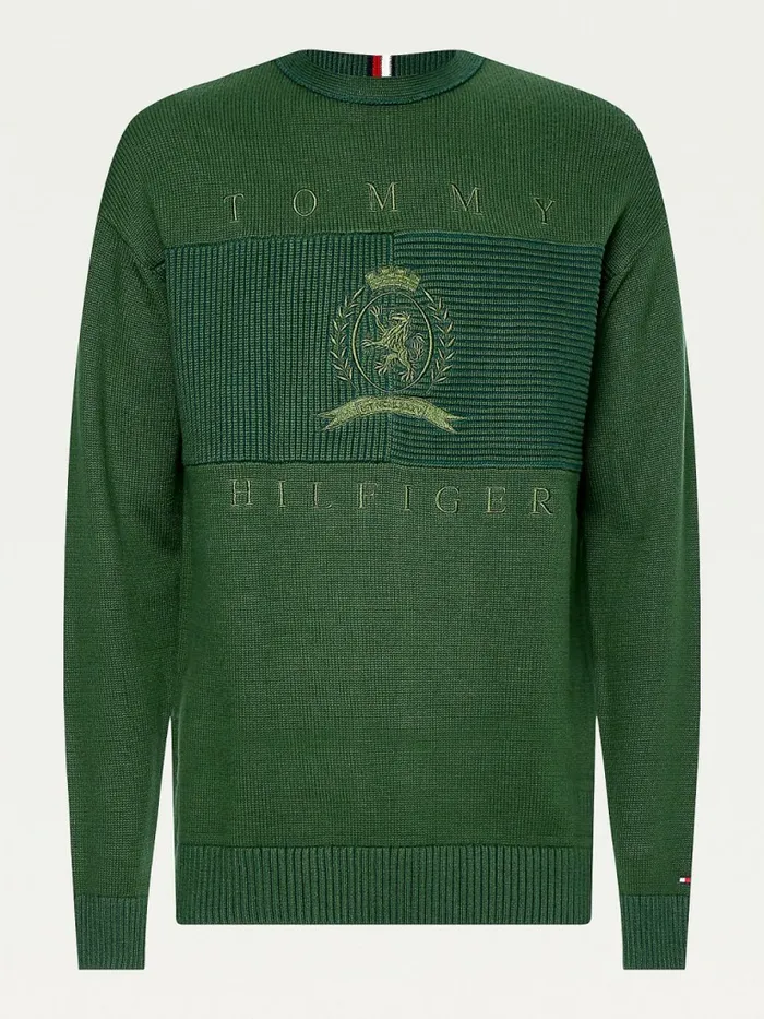 Tommy Hilfiger Icons Oversized Crest Flag Jumper National Forest Mens Knitwear Gift 4 You