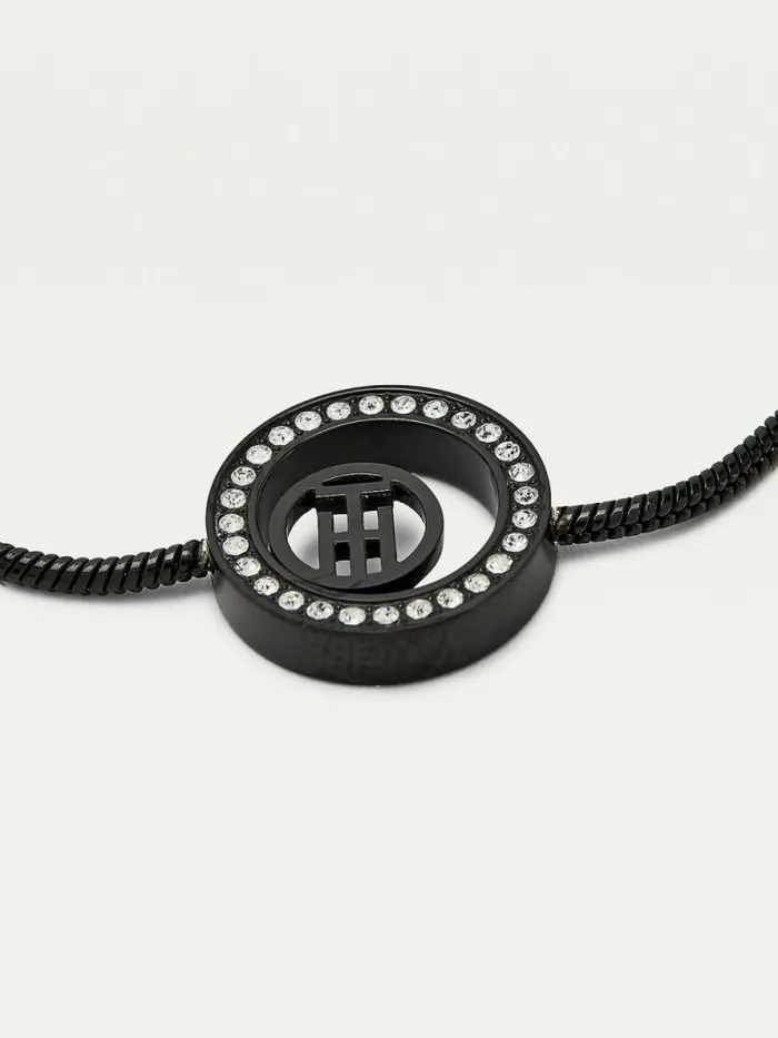 Tommy Hilfiger IonicPlated Monogram Crystal Circle Bracelet Black Ip Womens Jewellery