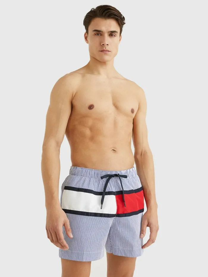 Tommy Hilfiger Ithaca Stripe ColourBlocked Mid Length Shorts Hilfiger Blue Stripe Mens Swimwear On Sale