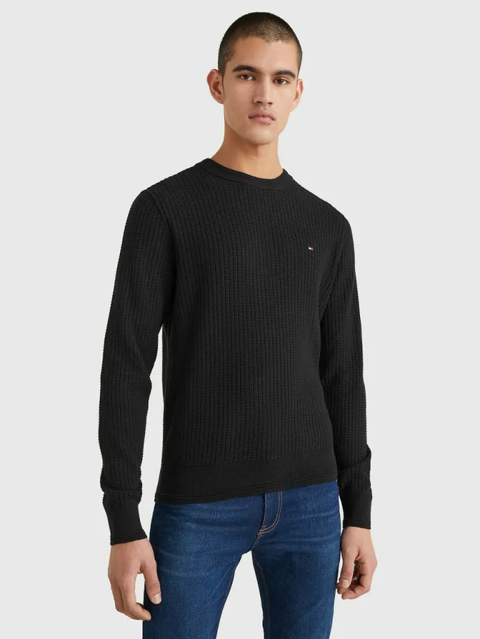 Tommy Hilfiger Knitted Grid Check Crew Neck Jumper Black Mens Knitwear Online Tommy Hilfiger Knitted Grid Check Crew Neck Jumper Black Mens Knitwear Online