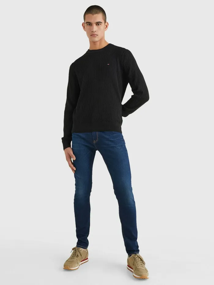 Tommy Hilfiger Knitted Grid Check Crew Neck Jumper Black Mens Knitwear Online
