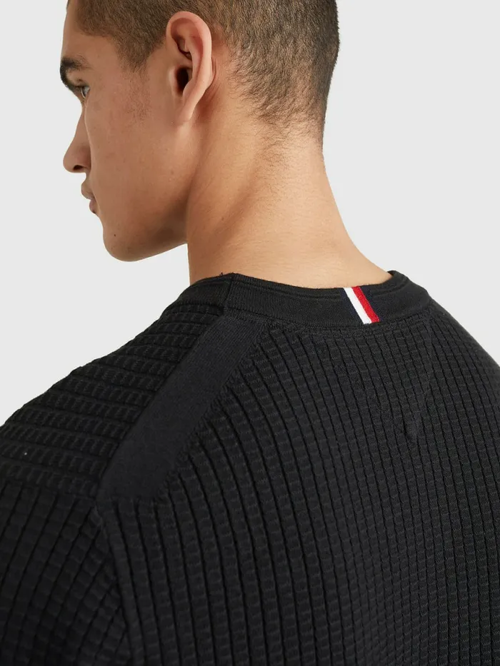 Tommy Hilfiger Knitted Grid Check Crew Neck Jumper Black Mens Knitwear Online
