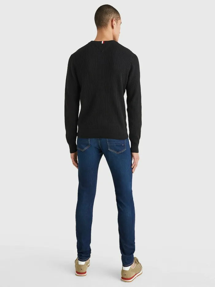 Tommy Hilfiger Knitted Grid Check Crew Neck Jumper Black Mens Knitwear Online