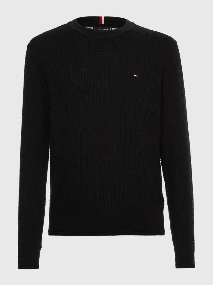 Tommy Hilfiger Knitted Grid Check Crew Neck Jumper Black Mens Knitwear Online