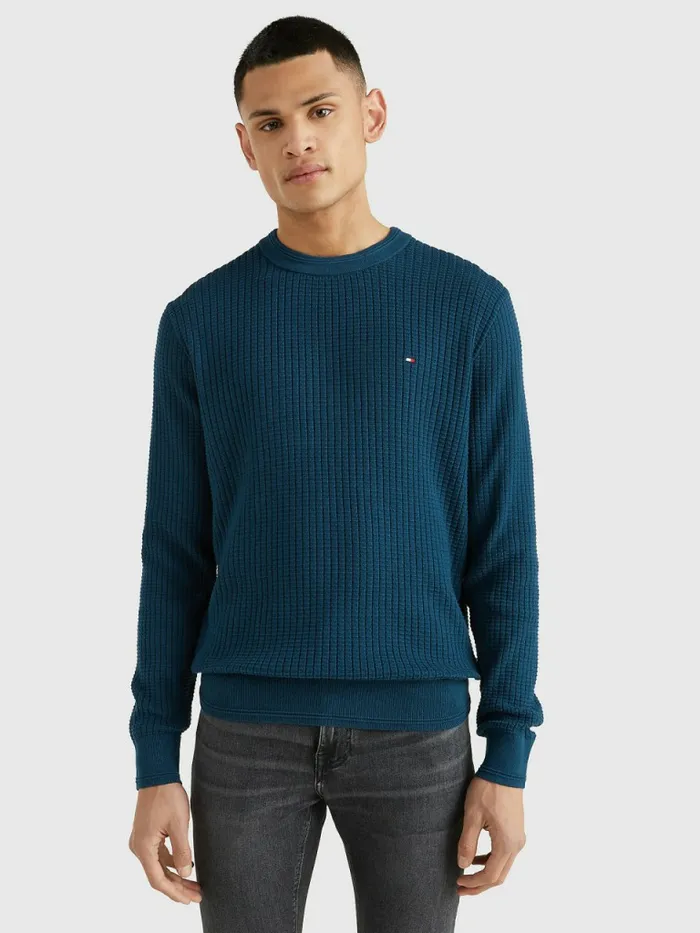 Tommy Hilfiger Knitted Grid Check Crew Neck Jumper Dark Lakeside Mens Knitwear Popular Tommy Hilfiger Knitted Grid Check Crew Neck Jumper Dark Lakeside Mens Knitwear Popular