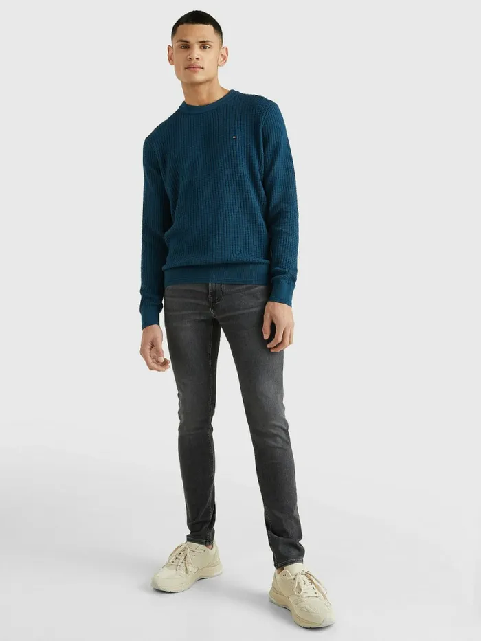 Tommy Hilfiger Knitted Grid Check Crew Neck Jumper Dark Lakeside Mens Knitwear Popular