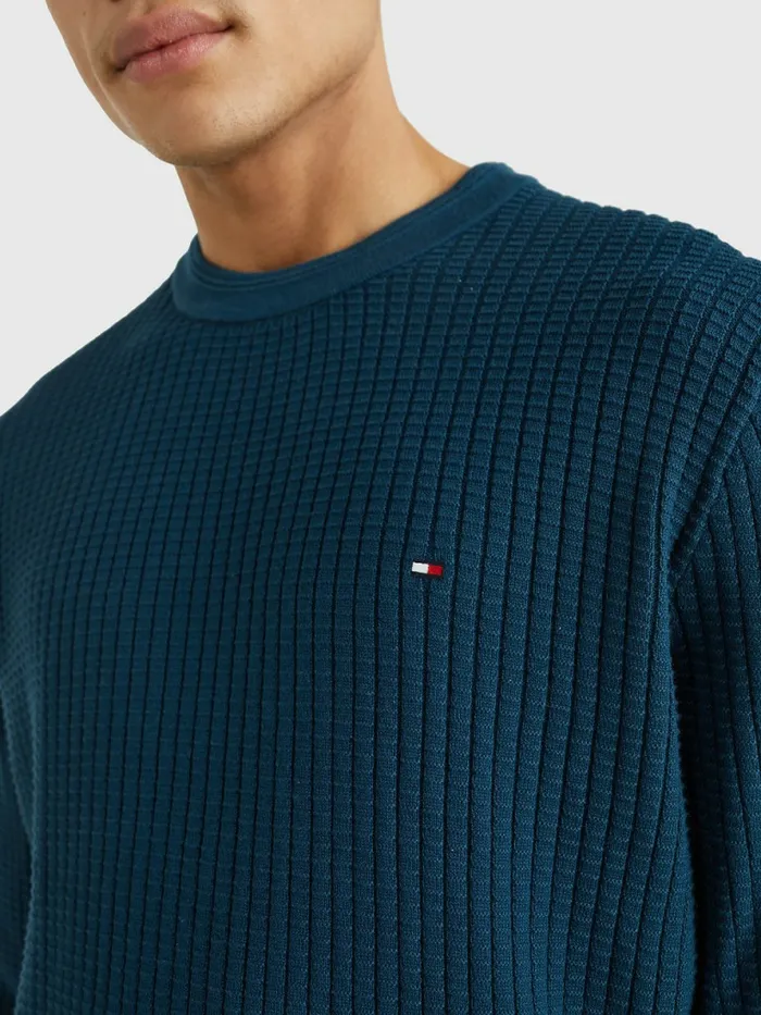 Tommy Hilfiger Knitted Grid Check Crew Neck Jumper Dark Lakeside Mens Knitwear Popular