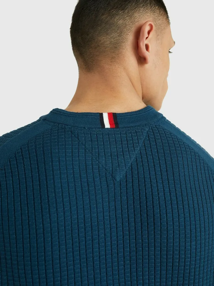 Tommy Hilfiger Knitted Grid Check Crew Neck Jumper Dark Lakeside Mens Knitwear Popular