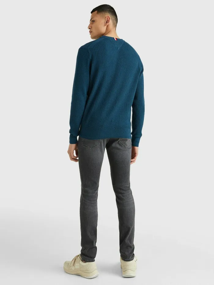 Tommy Hilfiger Knitted Grid Check Crew Neck Jumper Dark Lakeside Mens Knitwear Popular