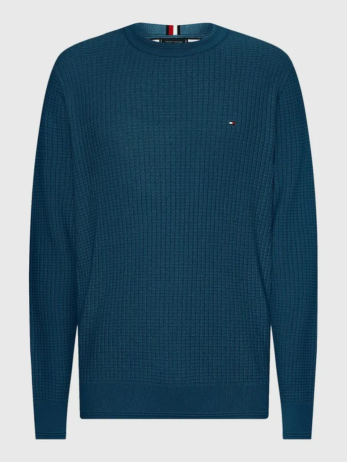 Tommy Hilfiger Knitted Grid Check Crew Neck Jumper Dark Lakeside Mens Knitwear Popular