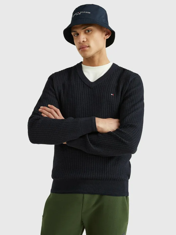Tommy Hilfiger Knitted Grid Check VNeck Jumper Desert Sky Mens Knitwear Cheap On Sale Tommy Hilfiger Knitted Grid Check VNeck Jumper Desert Sky Mens Knitwear Cheap On Sale