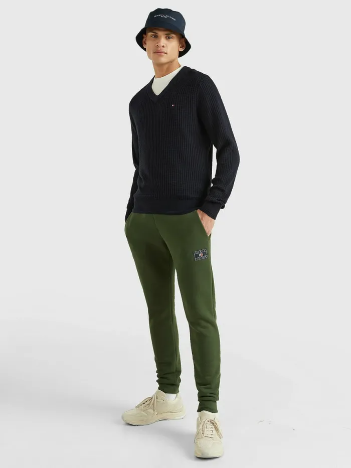 Tommy Hilfiger Knitted Grid Check VNeck Jumper Desert Sky Mens Knitwear Cheap On Sale