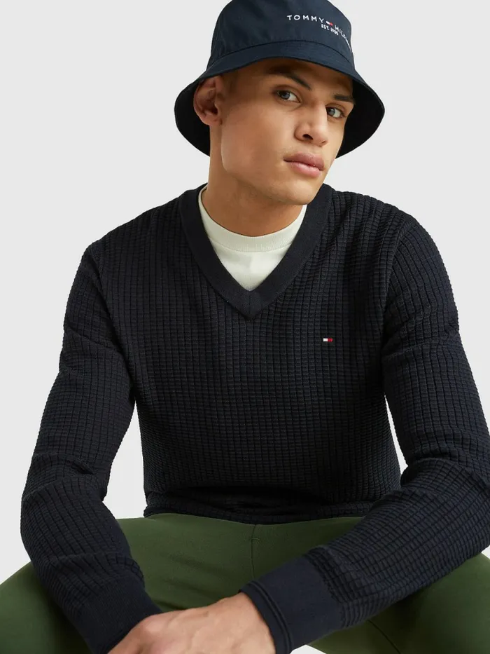 Tommy Hilfiger Knitted Grid Check VNeck Jumper Desert Sky Mens Knitwear Cheap On Sale