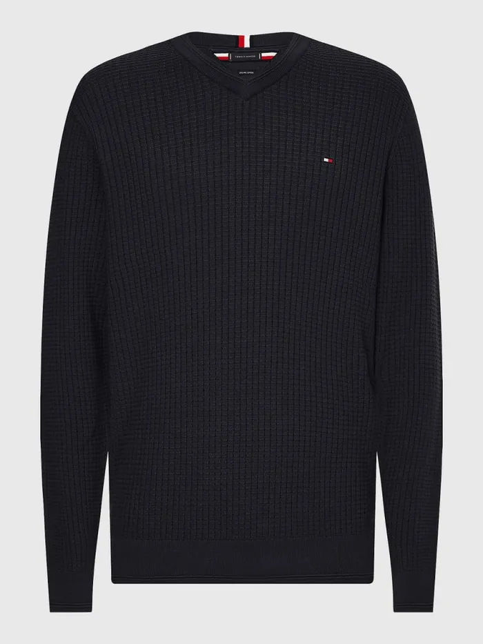 Tommy Hilfiger Knitted Grid Check VNeck Jumper Desert Sky Mens Knitwear Cheap On Sale