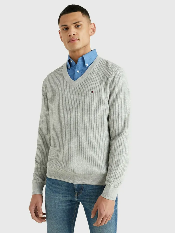 Tommy Hilfiger Knitted Grid Check VNeck Jumper Light Grey Heather Mens Knitwear Sale Tommy Hilfiger Knitted Grid Check VNeck Jumper Light Grey Heather Mens Knitwear Sale