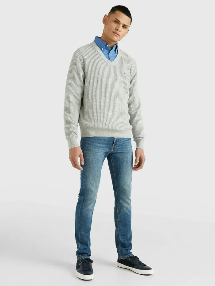 Tommy Hilfiger Knitted Grid Check VNeck Jumper Light Grey Heather Mens Knitwear Sale