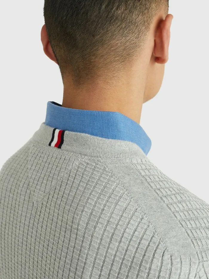 Tommy Hilfiger Knitted Grid Check VNeck Jumper Light Grey Heather Mens Knitwear Sale