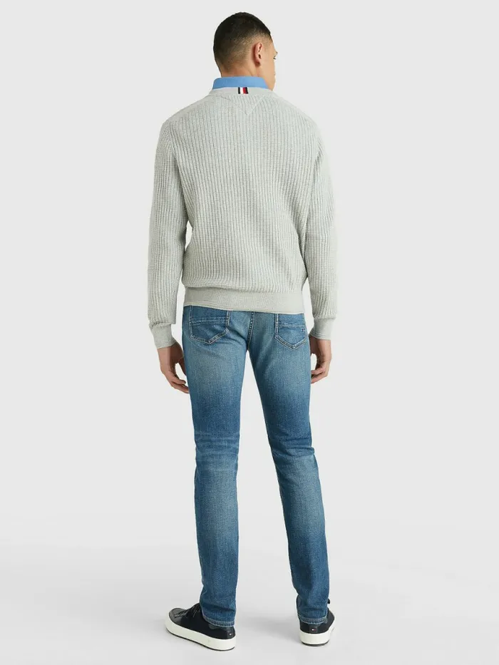 Tommy Hilfiger Knitted Grid Check VNeck Jumper Light Grey Heather Mens Knitwear Sale
