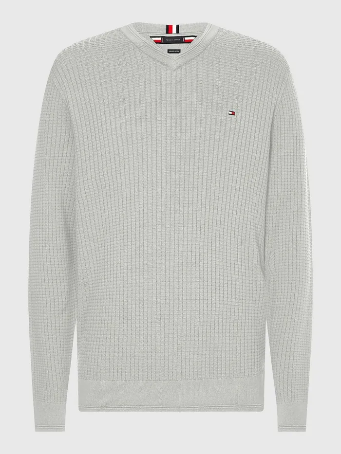 Tommy Hilfiger Knitted Grid Check VNeck Jumper Light Grey Heather Mens Knitwear Sale