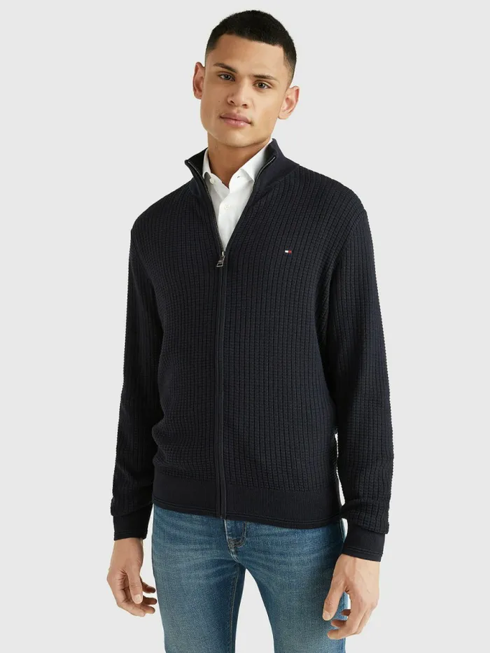 Tommy Hilfiger Knitted Grid Check ZipThru Jumper Desert Sky Mens Knitwear Online Tommy Hilfiger Knitted Grid Check ZipThru Jumper Desert Sky Mens Knitwear Online
