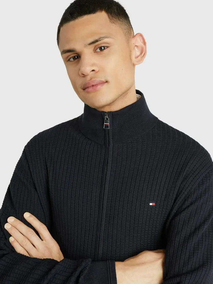 Tommy Hilfiger Knitted Grid Check ZipThru Jumper Desert Sky Mens Knitwear Online